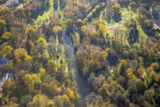 Aerial view, castle park, moat, Mörs, Ruhr area, North Rhine-Westphalia, Germany, DE, Europe, green