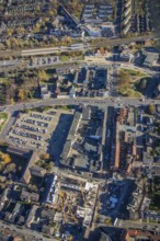 Aerial view, Mörs railway station, construction site new building Homberger Höfe, flats and