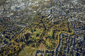 Aerial view, castle park, Mörs castle, Mörs, Ruhr area, North Rhine-Westphalia, Germany, DE,