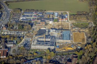 Aerial view, construction site, new school building, vocational college campus for technology Mörs,