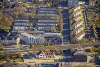 Aerial view, Mörs railway station, Homberger Straße, Homberger Straße housing estate,