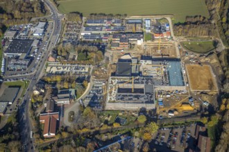Aerial view, construction site, new school building, vocational college campus for technology Mörs,