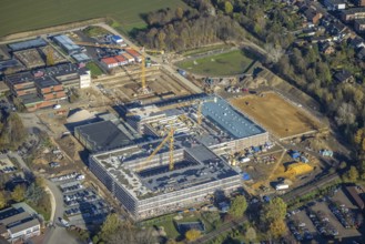 Aerial view, construction site, new school building, vocational college campus for technology Mörs,