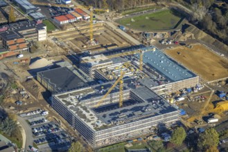 Aerial view, construction site, new school building, vocational college campus for technology Mörs,