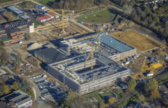 Aerial view, construction site, new school building, vocational college campus for technology Mörs,