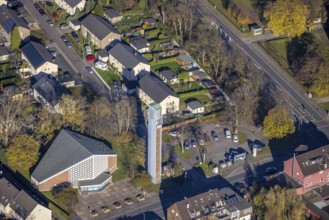 Aerial view, protestant church Meerbeck, Rheinkamp-Meerbeck, Mörs, Ruhr area, North