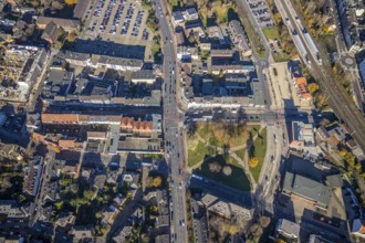 Aerial view, Mörs station, Klever Straße, Mörs, Ruhr area, North Rhine-Westphalia, Germany, railway
