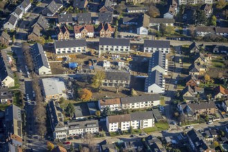 Aerial view, construction site, new building, residential park Taubenstraße, Rheinkamp-Meerbeck,