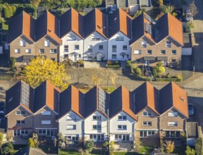 Aerial view, terraced houses Dohlenstraße, Rheinkamp-Meerbeck, Mörs, Ruhr area, North