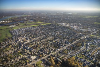 Aerial view, Colony Meerbeck and local view Rheinkamp-Meerbeck, river Rhine, Mörs, Ruhr area, North