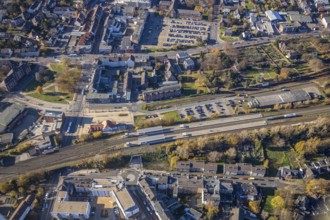 Aerial view, Mörs railway station, Homberger Straße to Klever Straße, Mörs, Ruhr area, North