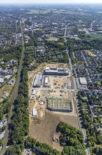 Aerial view, new building EDEKA administration building food retail beverage market, car park,