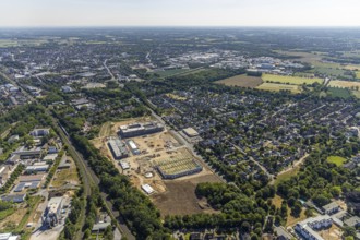 Aerial view, new building EDEKA administration building food retail beverage market, car park,