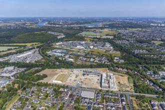Aerial view, new building EDEKA administration building food retail beverage market, car park,
