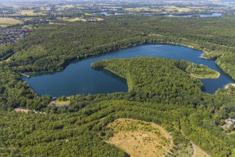 Aerial photo, forest lake, Mörs, Ruhr area, North Rhine-Westphalia, Germany, DE, Europe,