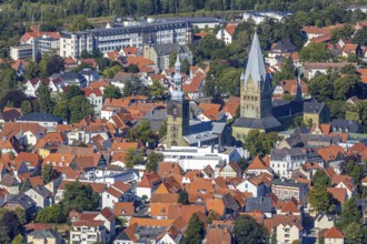 Aerial view, overview of Soest city centre with St. Patrokli Cathedral, St. Maria zur Wiese, St.