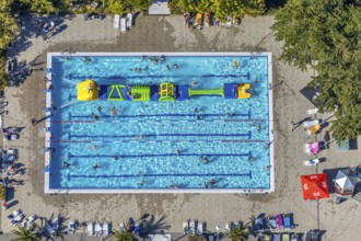 Aerial view, adventure pool, Aqua Spa and Aqua Fun Soest, outdoor pool, bathers, Soest, Soester