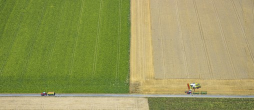 Aerial view, harvesting vehicles with straw bales in Ruploh, grain harvest, fields, Soest, Soester