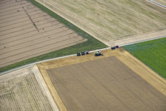Aerial view, harvesting vehicles with straw bales in Ruploh, grain harvest, fields, Soest, Soester