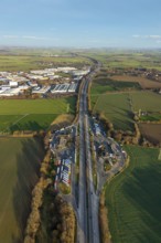 Aerial view, motorway A44, service area Soester Börde, industrial area Soest South-East,