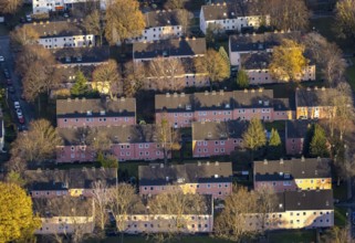 Aerial view, residential area Reichenbacher Weg, terraced houses with pink facade, Soest, Soester