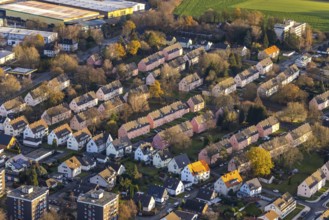 Aerial view, residential area Reichenbacher Weg, terraced houses with pink facade, Soest, Soester