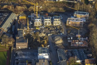 Aerial view, construction site, new building, former Merkur site, Rennekamp construction area,