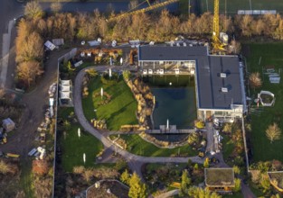 Aerial view, construction site new building at AquaFun fun pool, sauna world and bathing world,