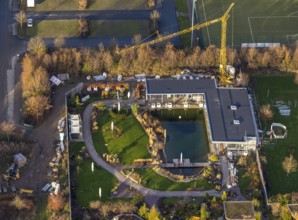 Aerial view, construction site new building at AquaFun fun pool, sauna world and bathing world,