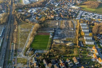 Aerial view, building site Werkstraße for commercial development, sports ground Jahnplatz, Soest,