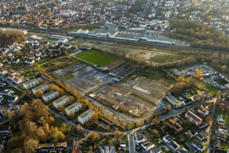 Aerial view, building site Werkstraße for commercial development, sports ground Jahnplatz, Soest,
