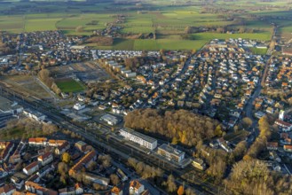 Aerial view, building site Werkstraße for commercial development, sports ground Jahnplatz, Soest,