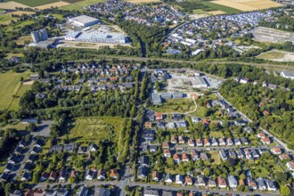 Aerial view, three residential buildings at the renaturalised Soestbach, former outdoor swimming