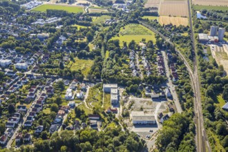 Aerial view, three residential buildings at the renaturalised Soestbach, former outdoor swimming