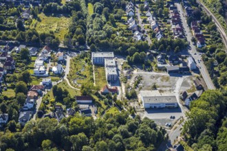 Aerial view, three residential buildings at the renaturalised Soestbach, former outdoor swimming