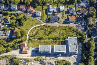 Aerial view, three residential buildings at the renaturalised Soestbach, former outdoor swimming