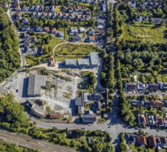 Aerial view, three residential buildings at the renaturalised Soestbach, former outdoor swimming