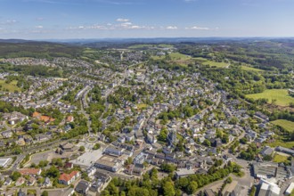 Aerial view, town view, town hall, construction site renovation Jesus-Christus-Kirche,