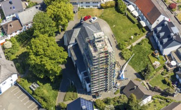 Aerial view, construction site renovation Jesus-Christus-Kirche, Meinerzhagen, Märkischer Kreis,