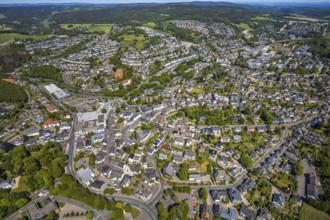 Aerial view, town view, town hall, construction site renovation Jesus-Christus-Kirche,