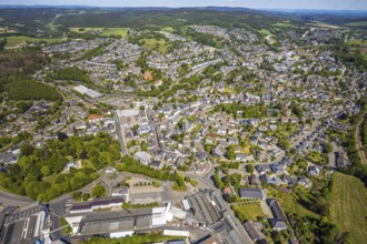 Aerial view, town view, town hall, construction site renovation Jesus-Christus-Kirche,