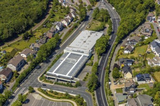 Aerial view, shopping centre HIT Handelsgruppe GmbH, Meinerzhagen, Märkischer Kreis, Sauerland,