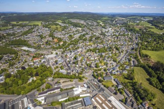 Aerial view, town view, town hall, construction site renovation Jesus-Christus-Kirche,