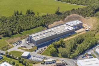Aerial view, company building Otto Fuchs KG, Im Tempel, Meinerzhagen, Märkischer Kreis, Sauerland,