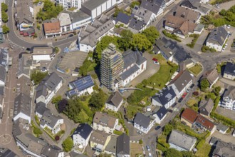 Aerial view, construction site renovation Jesus-Christus-Kirche, Meinerzhagen, Märkischer Kreis,