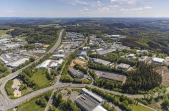 Aerial view, motorway A45, commercial area Darmche, Meinerzhagen, Märkischer Kreis, Sauerland,