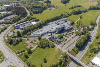 Aerial view, motorway A45, gwk Gesellschaft Wärme Kältetechnik mbH, Meinerzhagen, Märkischer Kreis,