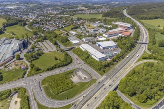 Aerial view, motorway A45, commercial area Darmche, Meinerzhagen, Märkischer Kreis, Sauerland,