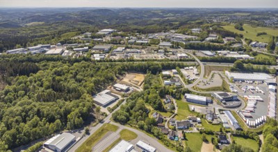 Aerial view, industrial area Darmche, construction site, Meinerzhagen, Märkischer Kreis, Sauerland,