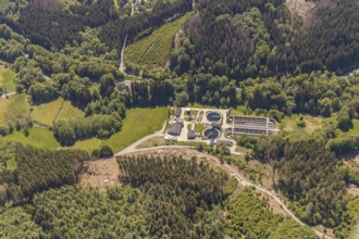 Aerial photograph, Marienheide sewage treatment plant, Meinerzhagen, Märkischer Kreis, Sauerland,